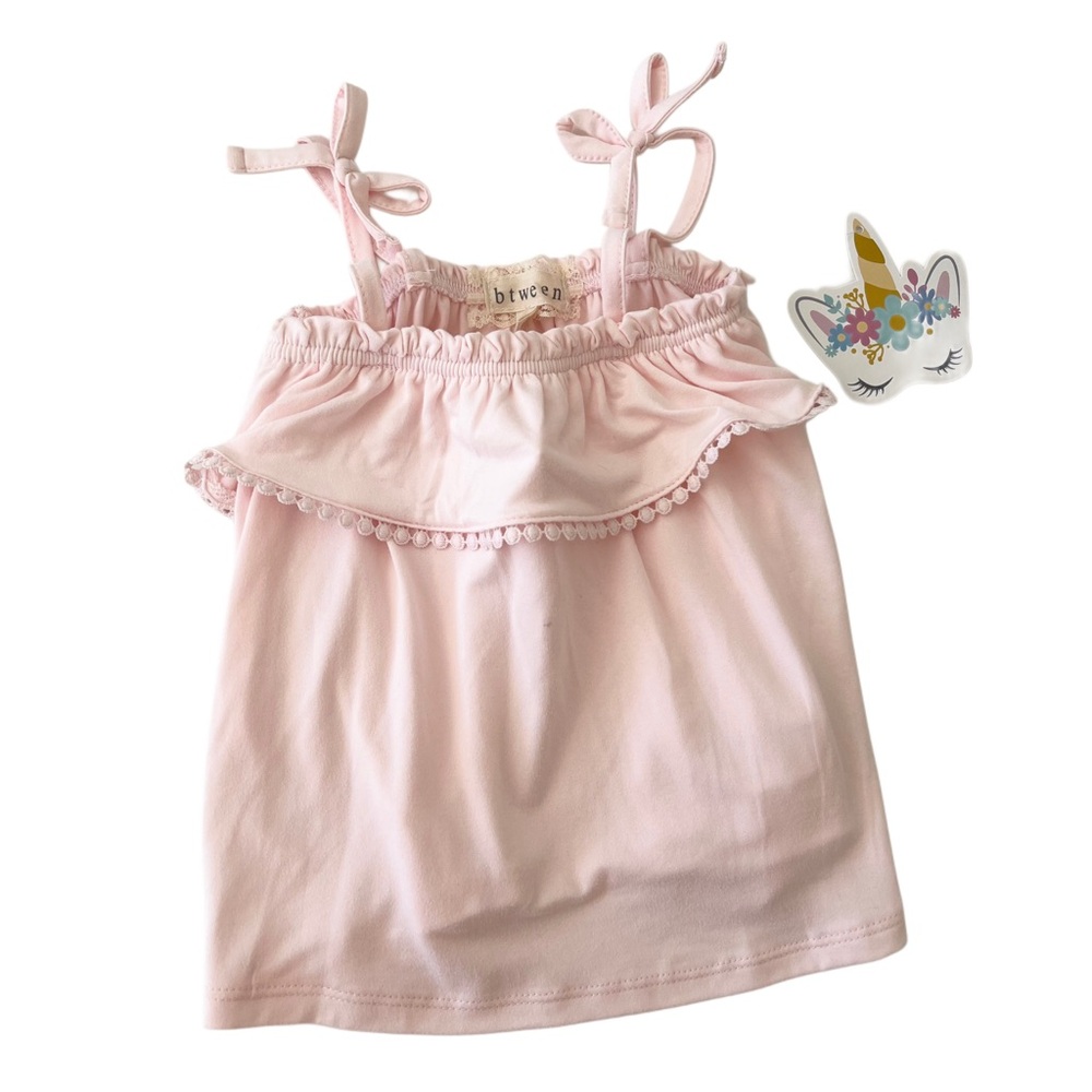 (NWT) btween Pink Ruffle Tank & Floral Shorts SET, Pom Pom, Trim Bows | Girl 5T - Picture 2 of 11